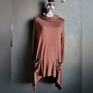 NWT Aria High Low Tunic Cowl Neck Dress Lagenlook Brown Sz S Viscose Blend